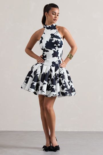 Masterpiece Cream Floral Print High-Neck Mini Dress With Volume Hem
